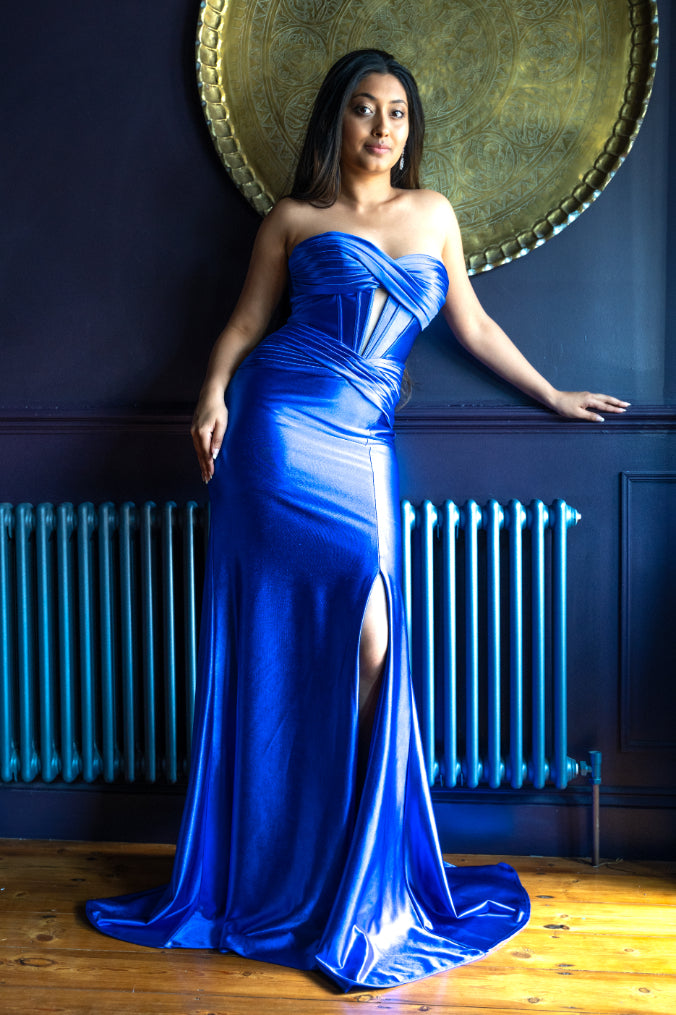 Lenora Sapphire Strapless Slinky Prom Dress, blue prom dress