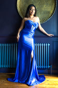 Lenora Sapphire Strapless Slinky Prom Dress, blue prom dress